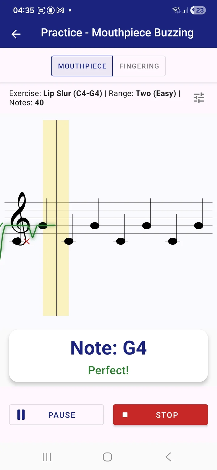 Trumpet Master real-time pitch feedback on the staff